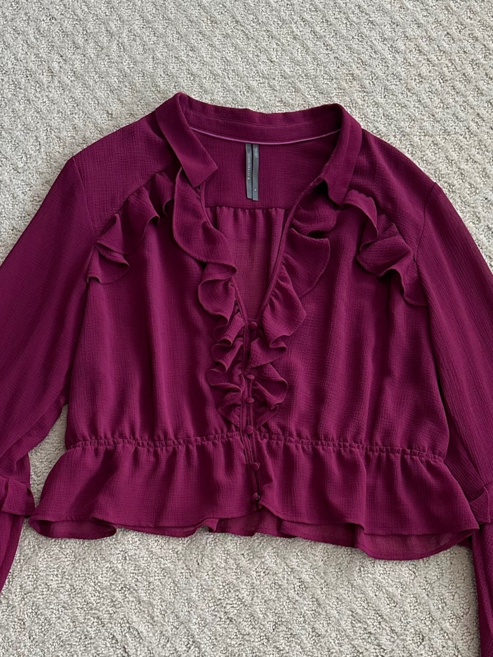Anthropologie Sheer Ruffled V-Neck Blouse Berry XL Cropped Flowy Lightweight - Picture 4 of 15